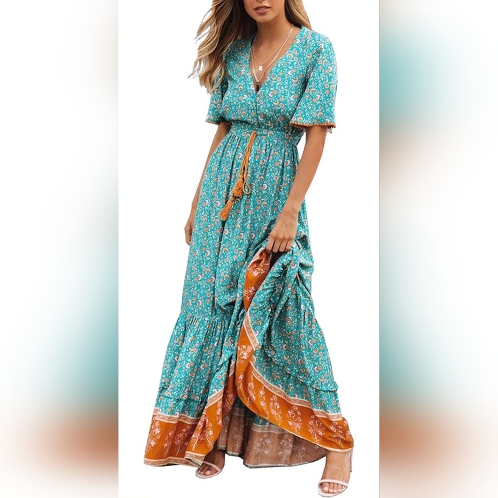 Boho Floral Maxi Dress in Teal and Rust - Soft V-Neck